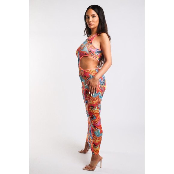 Womens Marble Print Fishnet Cut-Out Midi Long Dress Bodycon Sleeveless Crew Neck - Picture 6 of 12